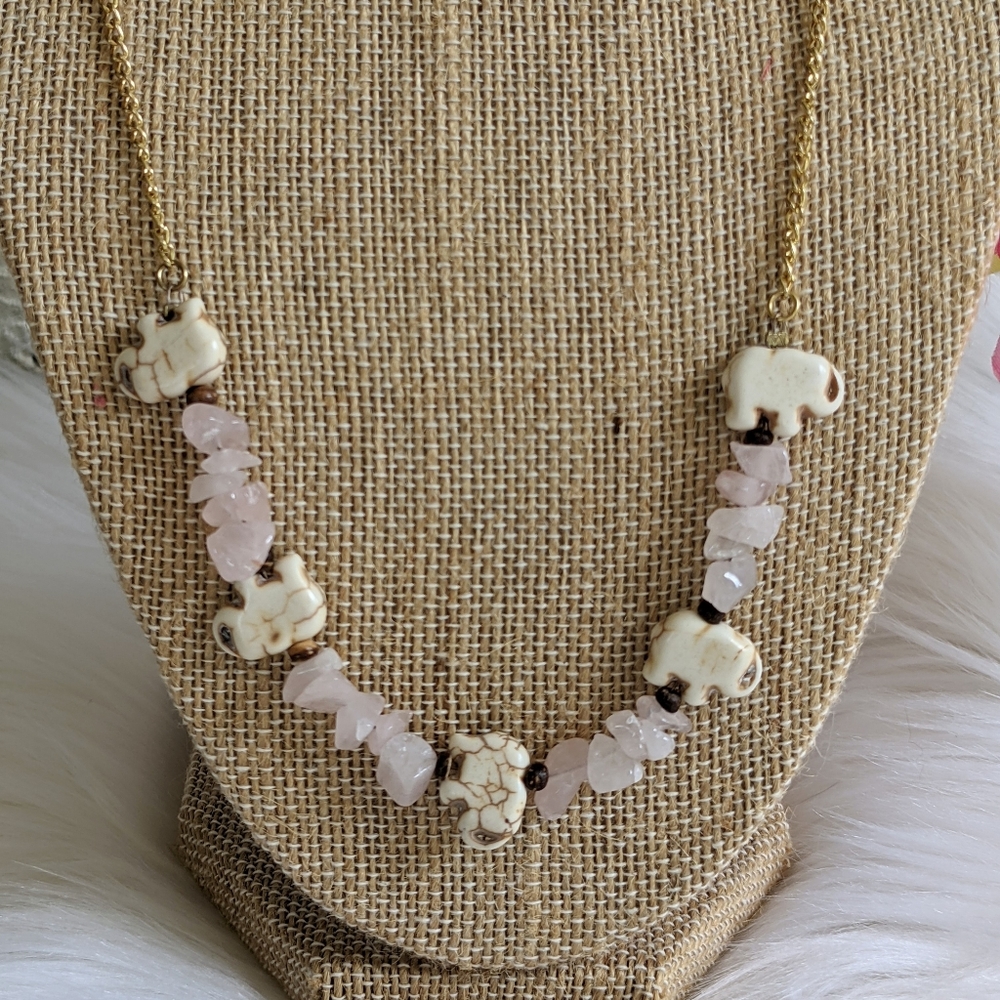 TURQUOISE ELEPHANT ROSE QUARTS NECKLACE